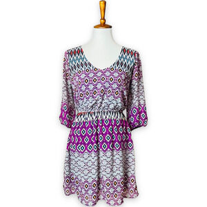 🍀 Bebop Women's Multicolor V-Neck 3/4 Cut Out Sleeve Short A-Line Dress Medium